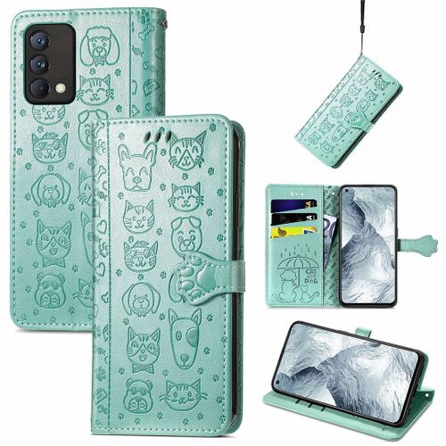 Saturcase Coque Pour Realme Gt Master, Chien Et Chat Mignon Pu Cuir Magnétique Flip Portefeuille Support Porte-Carte Protecteur Housse Étui Avec Dragonne Pour Realme Gt Master (Vert)