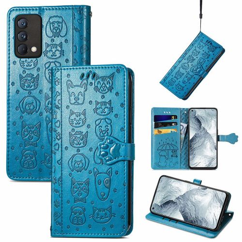 Saturcase Coque Pour Realme Gt Master, Chien Et Chat Mignon Pu Cuir Magnétique Flip Portefeuille Support Porte-Carte Protecteur Housse Étui Avec Dragonne Pour Realme Gt Master (Bleu)