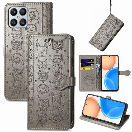 Saturcase Coque Pour Honor X8 2022, Chien Et Chat Mignon Pu Cuir Magnétique Flip Portefeuille Support Porte-Carte Protecteur Housse Étui Avec Dragonne Pour Honor X8 2022 (Gris)