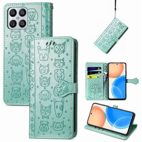Saturcase Coque Pour Honor X8 2022, Chien Et Chat Mignon Pu Cuir Magnétique Flip Portefeuille Support Porte-Carte Protecteur Housse Étui Avec Dragonne Pour Honor X8 2022 (Vert)