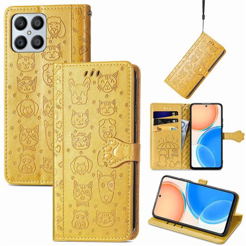 Saturcase Coque Pour Honor X8 2022, Chien Et Chat Mignon Pu Cuir Magnétique Flip Portefeuille Support Porte-Carte Protecteur Housse Étui Avec Dragonne Pour Honor X8 2022 (Jaune)
