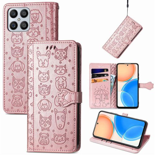 Saturcase Coque Pour Honor X8 2022, Chien Et Chat Mignon Pu Cuir Magnétique Flip Portefeuille Support Porte-Carte Protecteur Housse Étui Avec Dragonne Pour Honor X8 2022 (Or Rose)