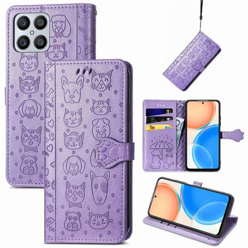 Saturcase Coque Pour Honor X8 2022, Chien Et Chat Mignon Pu Cuir Magnétique Flip Portefeuille Support Porte-Carte Protecteur Housse Étui Avec Dragonne Pour Honor X8 2022 (Violet)