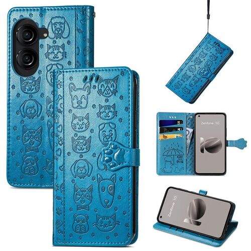 Saturcase Coque Pour Asus Zenfone 10, Chien Et Chat Mignon Pu Cuir Magnétique Flip Portefeuille Support Porte-Carte Protecteur Housse Étui Avec Dragonne Pour Asus Zenfone 10 (Bleu)
