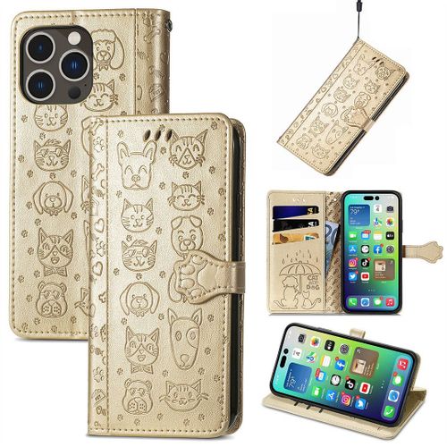 Saturcase Coque Pour Apple Iphone 14 Pro Max, Chien Et Chat Mignon Pu Cuir Magnétique Flip Portefeuille Support Porte-Carte Protecteur Housse Étui Avec Dragonne Pour Apple Iphone 14 Pro Max (Or)