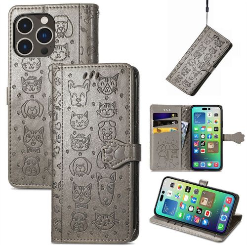Saturcase Coque Pour Apple Iphone 14 Pro Max, Chien Et Chat Mignon Pu Cuir Magnétique Flip Portefeuille Support Porte-Carte Protecteur Housse Étui Avec Dragonne Pour Apple Iphone 14 Pro Max (Gris)