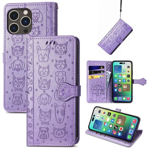 Saturcase Coque Pour Apple Iphone 14 Pro Max, Chien Et Chat Mignon Pu Cuir Magnétique Flip Portefeuille Support Porte-Carte Protecteur Housse Étui Avec Dragonne Pour Apple Iphone 14 Pro Max (Violet)