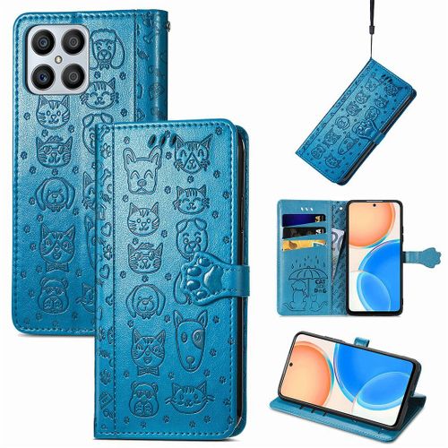 Saturcase Coque Pour Honor X8 2022, Chien Et Chat Mignon Pu Cuir Magnétique Flip Portefeuille Support Porte-Carte Protecteur Housse Étui Avec Dragonne Pour Honor X8 2022 (Bleu)