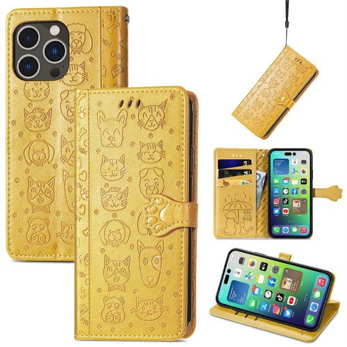 Saturcase Coque Pour Apple Iphone 14 Pro Max, Chien Et Chat Mignon Pu Cuir Magnétique Flip Portefeuille Support Porte-Carte Protecteur Housse Étui Avec Dragonne Pour Apple Iphone 14 Pro Max (Jaune)