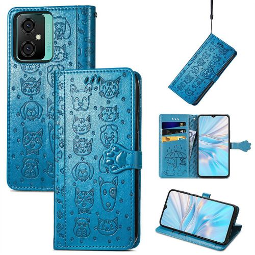 Saturcase Coque Pour Blackview Oscal C70, Chien Et Chat Mignon Pu Cuir Magnétique Flip Portefeuille Support Porte-Carte Protecteur Housse Étui Avec Dragonne Pour Blackview Oscal C70 (Bleu)