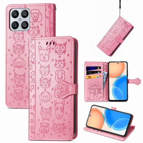 Saturcase Coque Pour Honor X8 2022, Chien Et Chat Mignon Pu Cuir Magnétique Flip Portefeuille Support Porte-Carte Protecteur Housse Étui Avec Dragonne Pour Honor X8 2022 (Pink)