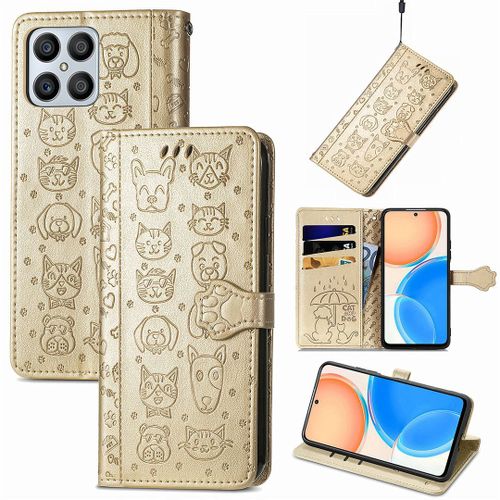 Saturcase Coque Pour Honor X8 2022, Chien Et Chat Mignon Pu Cuir Magnétique Flip Portefeuille Support Porte-Carte Protecteur Housse Étui Avec Dragonne Pour Honor X8 2022 (Or)