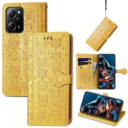 Saturcase Coque Pour Xiaomi Poco X5 Pro 5g, Chien Et Chat Mignon Pu Cuir Magnétique Flip Portefeuille Support Porte-Carte Protecteur Housse Étui Avec Dragonne Pour Xiaomi Poco X5 Pro 5g (Jaune)