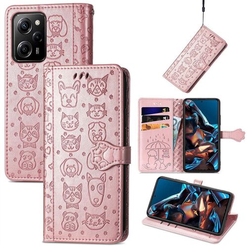 Saturcase Coque Pour Xiaomi Poco X5 Pro 5g, Chien Et Chat Mignon Pu Cuir Magnétique Flip Portefeuille Support Porte-Carte Protecteur Housse Étui Avec Dragonne Pour Xiaomi Poco X5 Pro 5g (Or Rose)