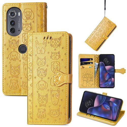 Saturcase Coque Pour Motorola Edge 2022, Chien Et Chat Mignon Pu Cuir Magnétique Flip Portefeuille Support Porte-Carte Protecteur Housse Étui Avec Dragonne Pour Motorola Edge 2022 (Jaune)