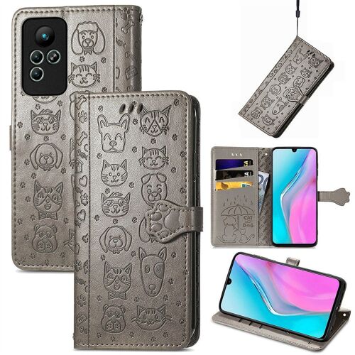 Saturcase Coque Pour Infinix Note 11, Chien Et Chat Mignon Pu Cuir Magnétique Flip Portefeuille Support Porte-Carte Protecteur Housse Étui Avec Dragonne Pour Infinix Note 11 (Gris)