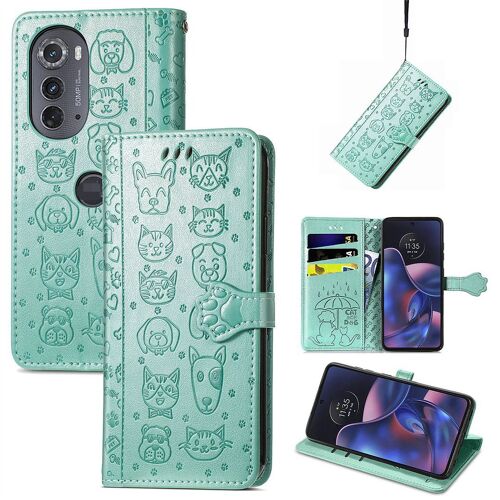 Saturcase Coque Pour Motorola Edge 2022, Chien Et Chat Mignon Pu Cuir Magnétique Flip Portefeuille Support Porte-Carte Protecteur Housse Étui Avec Dragonne Pour Motorola Edge 2022 (Vert)