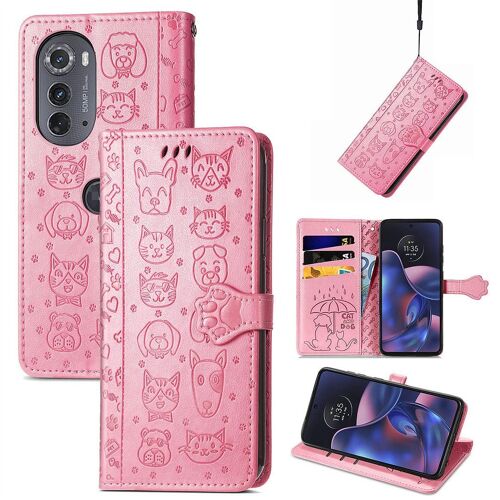 Saturcase Coque Pour Motorola Edge 2022, Chien Et Chat Mignon Pu Cuir Magnétique Flip Portefeuille Support Porte-Carte Protecteur Housse Étui Avec Dragonne Pour Motorola Edge 2022 (Pink)