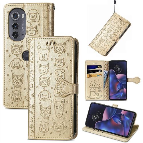 Saturcase Coque Pour Motorola Edge 2022, Chien Et Chat Mignon Pu Cuir Magnétique Flip Portefeuille Support Porte-Carte Protecteur Housse Étui Avec Dragonne Pour Motorola Edge 2022 (Or)