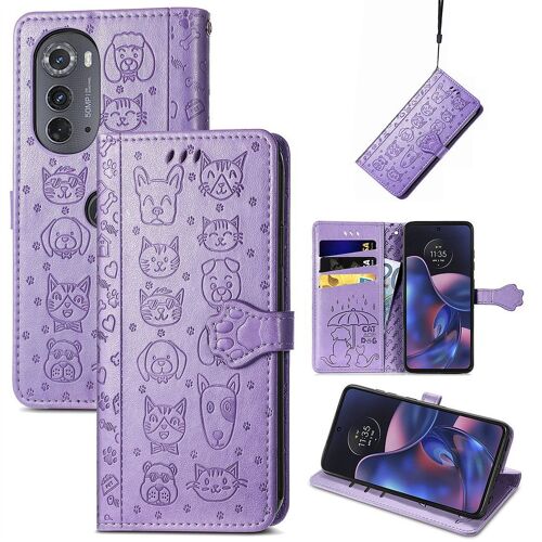 Saturcase Coque Pour Motorola Edge 2022, Chien Et Chat Mignon Pu Cuir Magnétique Flip Portefeuille Support Porte-Carte Protecteur Housse Étui Avec Dragonne Pour Motorola Edge 2022 (Violet)