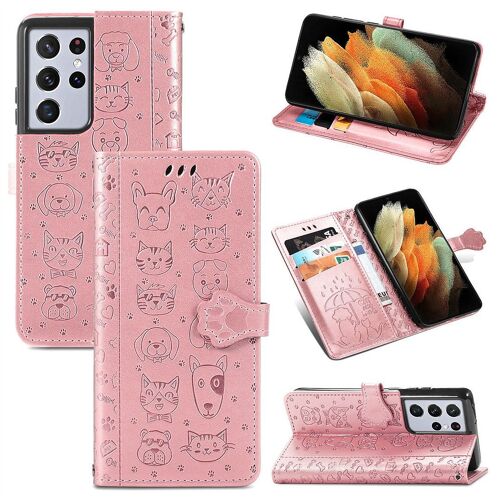 Saturcase Coque Pour Samsung Galaxy S21 Ultra, Chien Et Chat Mignon Pu Cuir Magnétique Flip Portefeuille Support Porte-Carte Protecteur Housse Étui Avec Dragonne Pour Samsung Galaxy S21 Ultra (Or Rose)