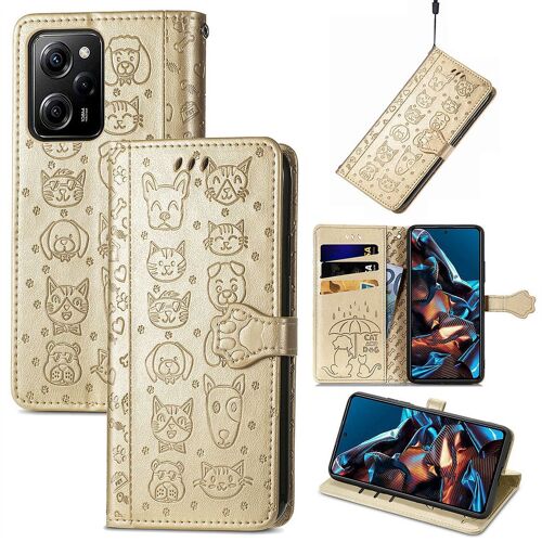 Saturcase Coque Pour Xiaomi Poco X5 Pro 5g, Chien Et Chat Mignon Pu Cuir Magnétique Flip Portefeuille Support Porte-Carte Protecteur Housse Étui Avec Dragonne Pour Xiaomi Poco X5 Pro 5g (Or)