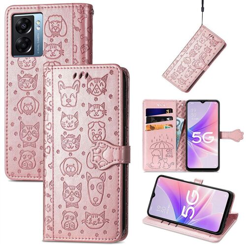 Saturcase Coque Pour Oppo A57 2022, Chien Et Chat Mignon Pu Cuir Magnétique Flip Portefeuille Support Porte-Carte Protecteur Housse Étui Avec Dragonne Pour Oppo A57 2022 (Or Rose)