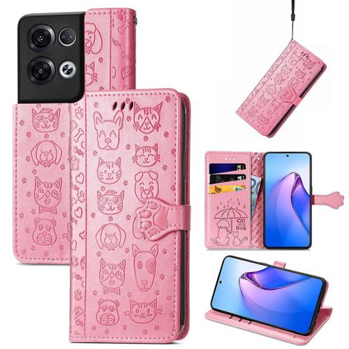 Saturcase Coque Pour Oppo Reno 8 Pro 5g, Chien Et Chat Mignon Pu Cuir Magnétique Flip Portefeuille Support Porte-Carte Protecteur Housse Étui Avec Dragonne Pour Oppo Reno 8 Pro 5g (Pink)