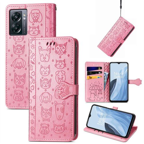 Saturcase Coque Pour Oneplus Nord N300, Chien Et Chat Mignon Pu Cuir Magnétique Flip Portefeuille Support Porte-Carte Protecteur Housse Étui Avec Dragonne Pour Oneplus Nord N300 (Pink)