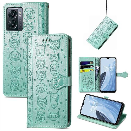 Saturcase Coque Pour Oneplus Nord N300, Chien Et Chat Mignon Pu Cuir Magnétique Flip Portefeuille Support Porte-Carte Protecteur Housse Étui Avec Dragonne Pour Oneplus Nord N300 (Vert)