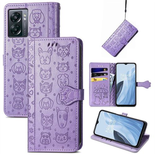Saturcase Coque Pour Oneplus Nord N300, Chien Et Chat Mignon Pu Cuir Magnétique Flip Portefeuille Support Porte-Carte Protecteur Housse Étui Avec Dragonne Pour Oneplus Nord N300 (Violet)