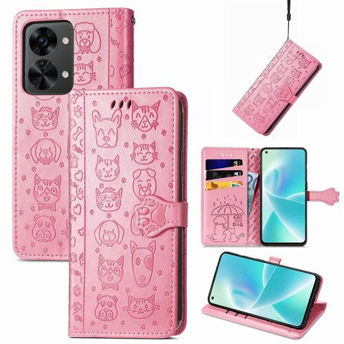 Saturcase Coque Pour Oneplus Nord 2t, Chien Et Chat Mignon Pu Cuir Magnétique Flip Portefeuille Support Porte-Carte Protecteur Housse Étui Avec Dragonne Pour Oneplus Nord 2t (Pink)