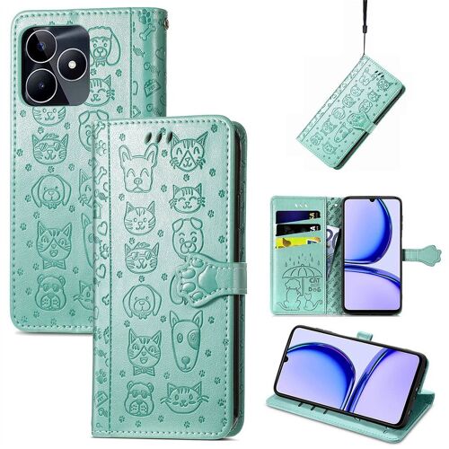 Saturcase Coque Pour Realme C53, Chien Et Chat Mignon Pu Cuir Magnétique Flip Portefeuille Support Porte-Carte Protecteur Housse Étui Avec Dragonne Pour Realme C53 (Vert)