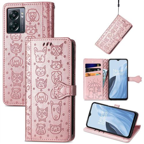 Saturcase Coque Pour Oneplus Nord N300, Chien Et Chat Mignon Pu Cuir Magnétique Flip Portefeuille Support Porte-Carte Protecteur Housse Étui Avec Dragonne Pour Oneplus Nord N300 (Or Rose)