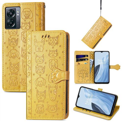 Saturcase Coque Pour Oneplus Nord N300, Chien Et Chat Mignon Pu Cuir Magnétique Flip Portefeuille Support Porte-Carte Protecteur Housse Étui Avec Dragonne Pour Oneplus Nord N300 (Jaune)