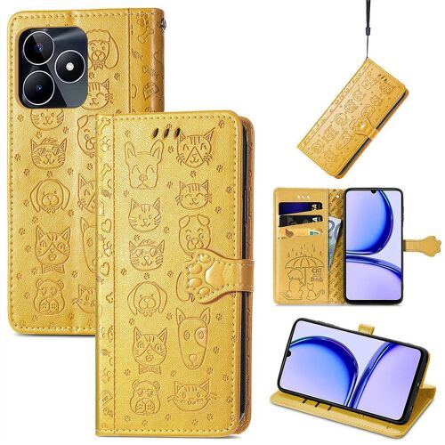 Saturcase Coque Pour Realme C53, Chien Et Chat Mignon Pu Cuir Magnétique Flip Portefeuille Support Porte-Carte Protecteur Housse Étui Avec Dragonne Pour Realme C53 (Jaune)