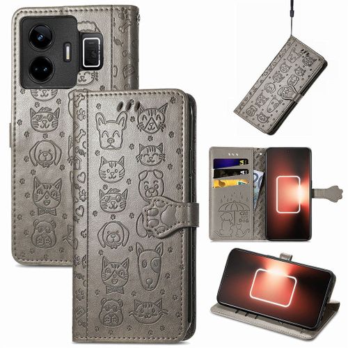 Saturcase Coque Pour Realme Gt Neo 5, Chien Et Chat Mignon Pu Cuir Magnétique Flip Portefeuille Support Porte-Carte Protecteur Housse Étui Avec Dragonne Pour Realme Gt Neo 5 (Gris)