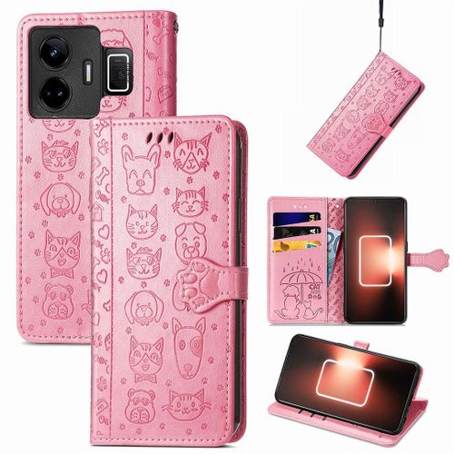 Saturcase Coque Pour Realme Gt Neo 5, Chien Et Chat Mignon Pu Cuir Magnétique Flip Portefeuille Support Porte-Carte Protecteur Housse Étui Avec Dragonne Pour Realme Gt Neo 5 (Pink)