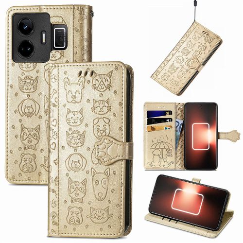 Saturcase Coque Pour Realme Gt Neo 5, Chien Et Chat Mignon Pu Cuir Magnétique Flip Portefeuille Support Porte-Carte Protecteur Housse Étui Avec Dragonne Pour Realme Gt Neo 5 (Or)