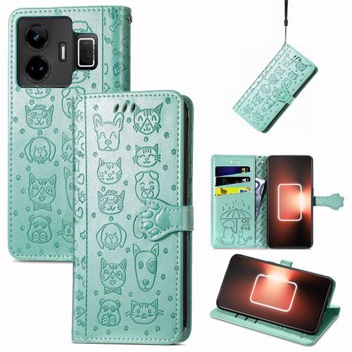Saturcase Coque Pour Realme Gt Neo 5, Chien Et Chat Mignon Pu Cuir Magnétique Flip Portefeuille Support Porte-Carte Protecteur Housse Étui Avec Dragonne Pour Realme Gt Neo 5 (Vert)