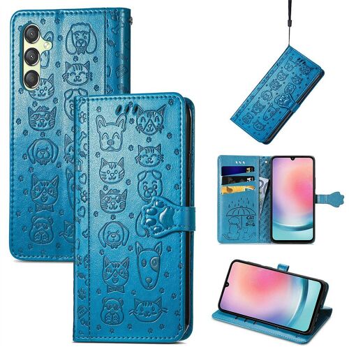 SATURCASE Coque pour Samsung Galaxy A25, Chien et Chat Mignon PU Cuir Magnétique Flip Portefeuille Support Porte-carte Protecteur Housse Étui avec Dragonne pour Samsung Galaxy A25 (Bleu)