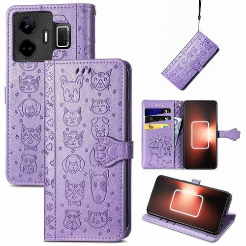 Saturcase Coque Pour Realme Gt Neo 5, Chien Et Chat Mignon Pu Cuir Magnétique Flip Portefeuille Support Porte-Carte Protecteur Housse Étui Avec Dragonne Pour Realme Gt Neo 5 (Violet)