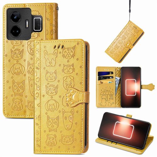 Saturcase Coque Pour Realme Gt Neo 5, Chien Et Chat Mignon Pu Cuir Magnétique Flip Portefeuille Support Porte-Carte Protecteur Housse Étui Avec Dragonne Pour Realme Gt Neo 5 (Jaune)