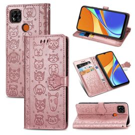 Saturcase Coque Pour Xiaomi Redmi 9c, Chien Et Chat Mignon Pu Cuir Magnétique Flip Portefeuille Support Porte-Carte Protecteur Housse Étui Avec Dragonne Pour Xiaomi Redmi 9c (Or Rose)
