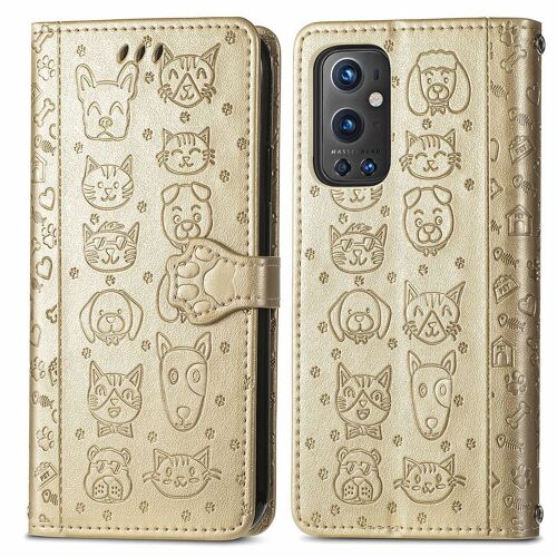 Saturcase Coque Pour Oneplus 9 Pro, Chien Et Chat Mignon Pu Cuir Magnétique Flip Portefeuille Support Porte-Carte Protecteur Housse Étui Avec Dragonne Pour Oneplus 9 Pro (Or)