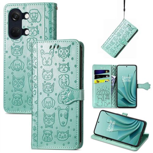 Saturcase Coque Pour Oneplus Ace 2v, Chien Et Chat Mignon Pu Cuir Magnétique Flip Portefeuille Support Porte-Carte Protecteur Housse Étui Avec Dragonne Pour Oneplus Ace 2v (Vert)