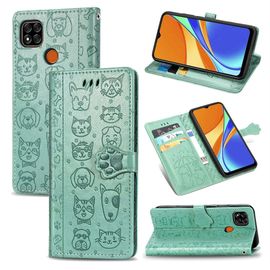 Saturcase Coque Pour Xiaomi Redmi 9c, Chien Et Chat Mignon Pu Cuir Magnétique Flip Portefeuille Support Porte-Carte Protecteur Housse Étui Avec Dragonne Pour Xiaomi Redmi 9c (Vert)