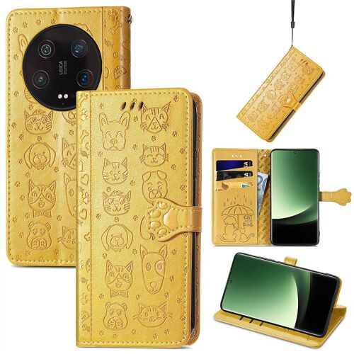 Saturcase Coque Pour Xiaomi 13 Ultra, Chien Et Chat Mignon Pu Cuir Magnétique Flip Portefeuille Support Porte-Carte Protecteur Housse Étui Avec Dragonne Pour Xiaomi 13 Ultra (Jaune)