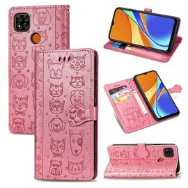 Saturcase Coque Pour Xiaomi Redmi 9c, Chien Et Chat Mignon Pu Cuir Magnétique Flip Portefeuille Support Porte-Carte Protecteur Housse Étui Avec Dragonne Pour Xiaomi Redmi 9c (Pink)