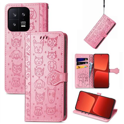 Saturcase Coque Pour Xiaomi 13, Chien Et Chat Mignon Pu Cuir Magnétique Flip Portefeuille Support Porte-Carte Protecteur Housse Étui Avec Dragonne Pour Xiaomi 13 (Pink)